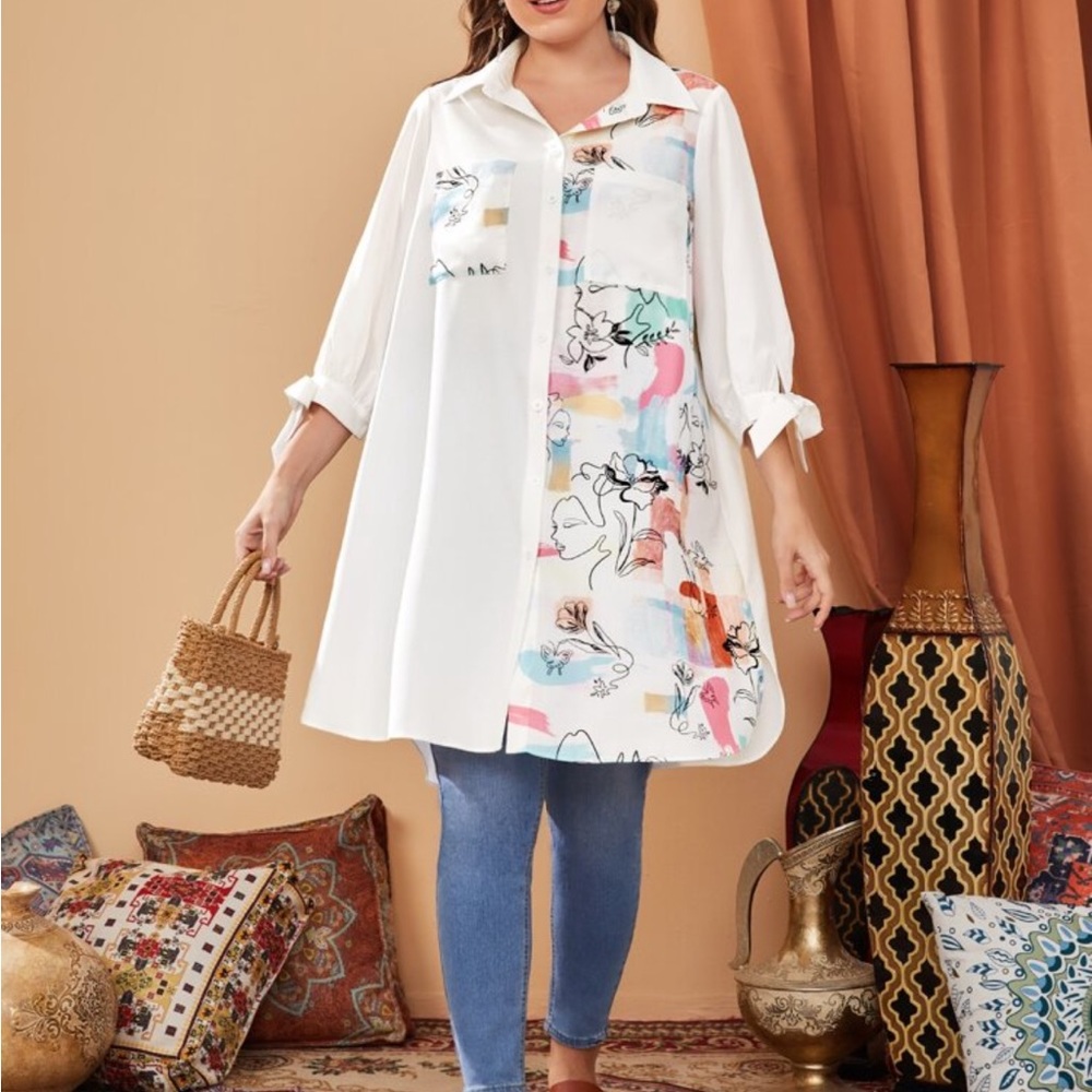 Oversized Plus Size Floral Pop Art Pocket Knot Button Down Shirt Top Blouse